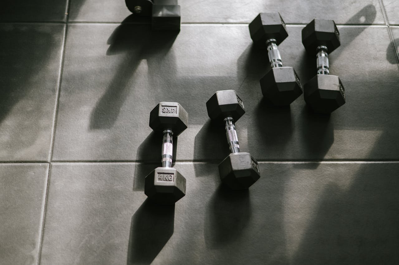 Home Hexagonal dumbbells on a gym floor bathed in natural sunlight, creating dynamic shadows.